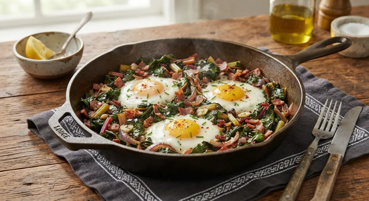 Swiss Chard & Quality Bacon (or Smoked Tofu) Skillet with Fried Eggs (Keto / very low-GI meal)