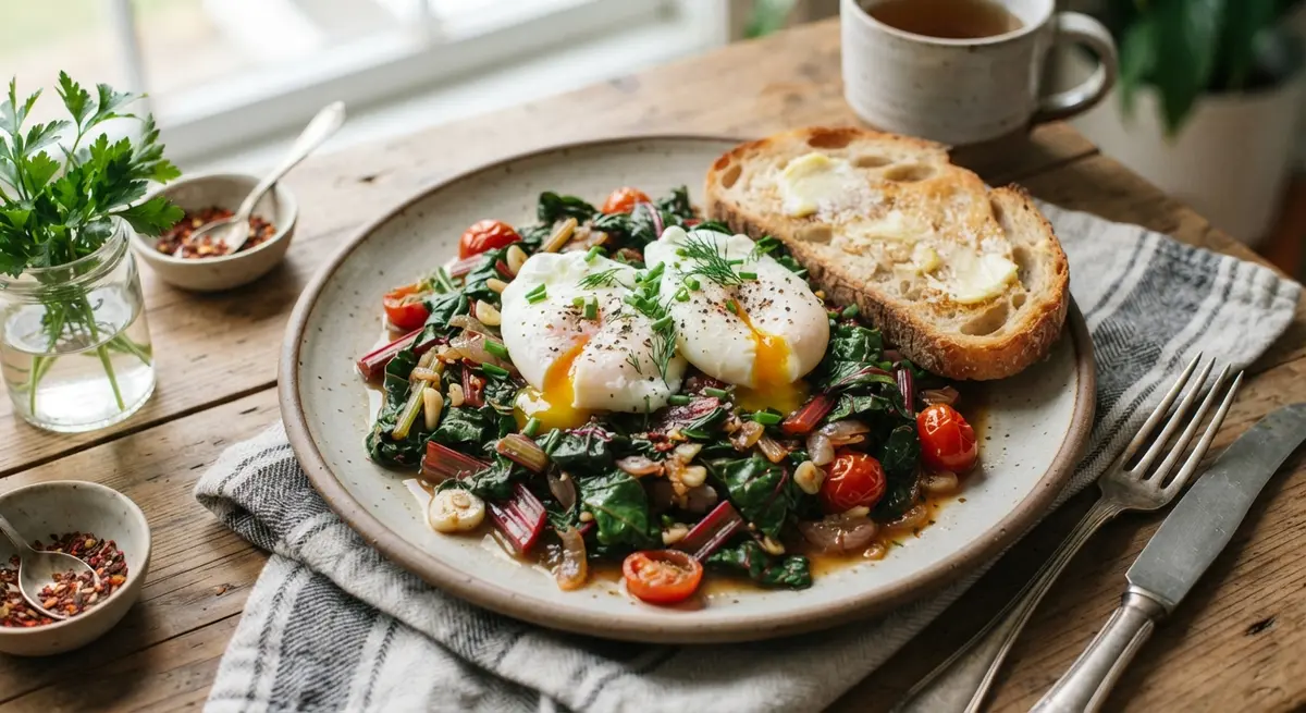 Swiss Chard Stir-Fry with Poached Eggs on Whole-Wheat Toast (Magnesium and iron)