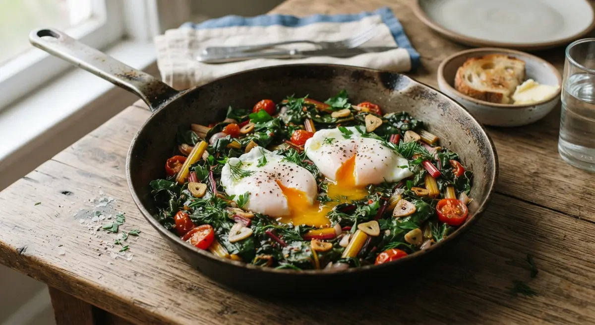Swiss Chard (Tender Greens) Stir-Fry with Poached Eggs (High in magnesium and iron)