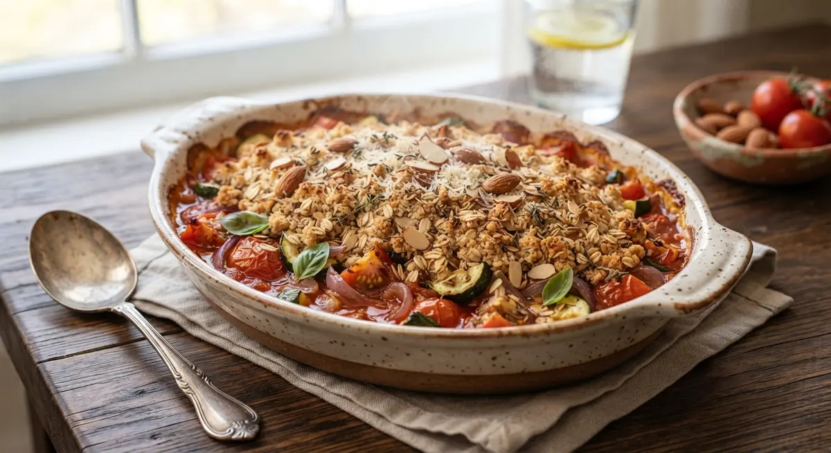 Savory Tomato & Zucchini Crumble with Oat-Almond Flake Topping (Oat fiber)