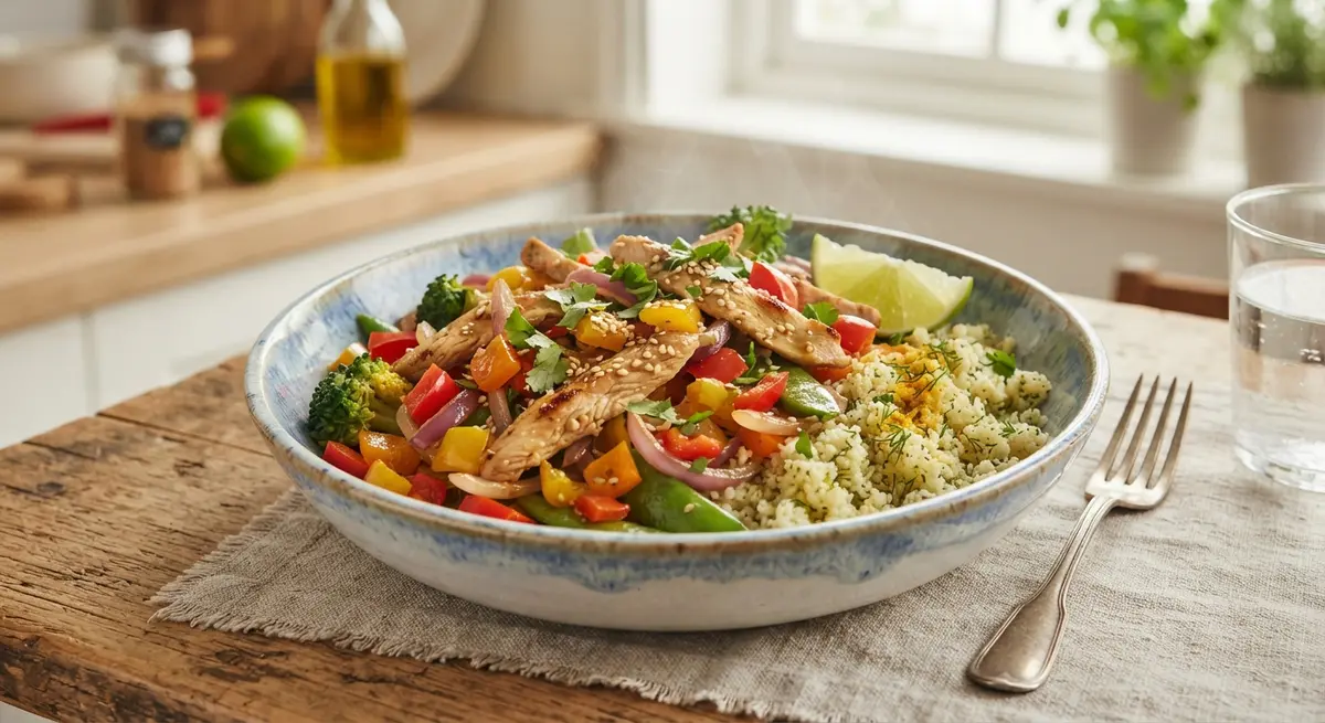 Turkey & Bell Pepper Stir-Fry with Oregano & Whole Wheat Couscous (Low in animal fat)