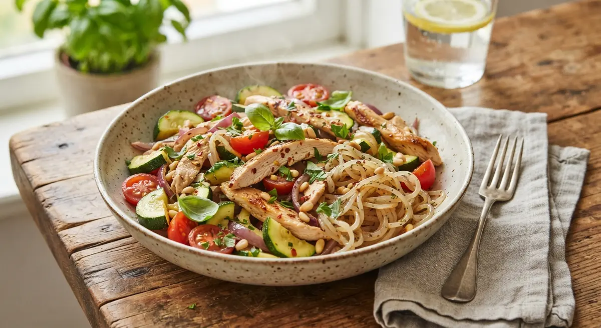 Turkey, Bell Pepper, Zucchini & Tomato Stir-Fry Served with Al Dente Konjac or Whole Wheat Spaghetti (Al dente = lower GI)