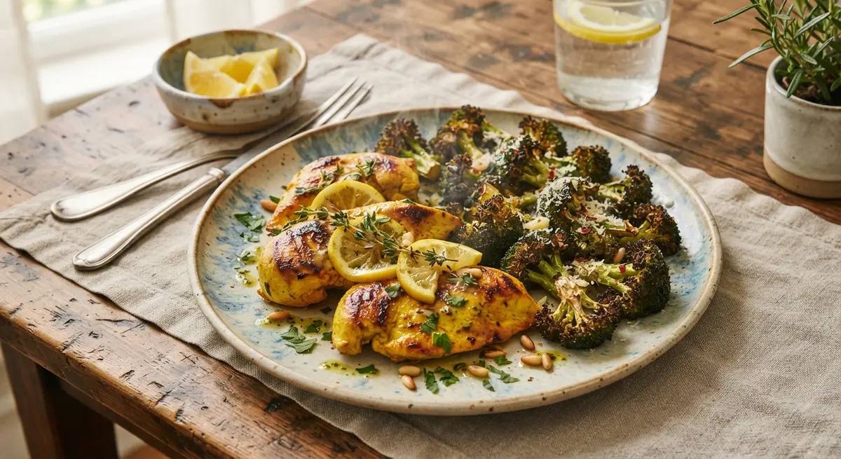 Turmeric-Lemon Marinated Chicken with Olive Oil Roasted Broccoli (Anti-inflammatory curcumin)