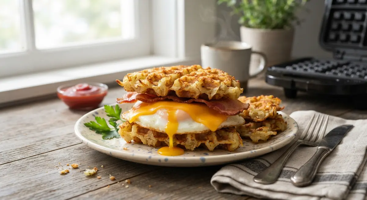 Waffle Iron Hash Brown Egg Sandwich