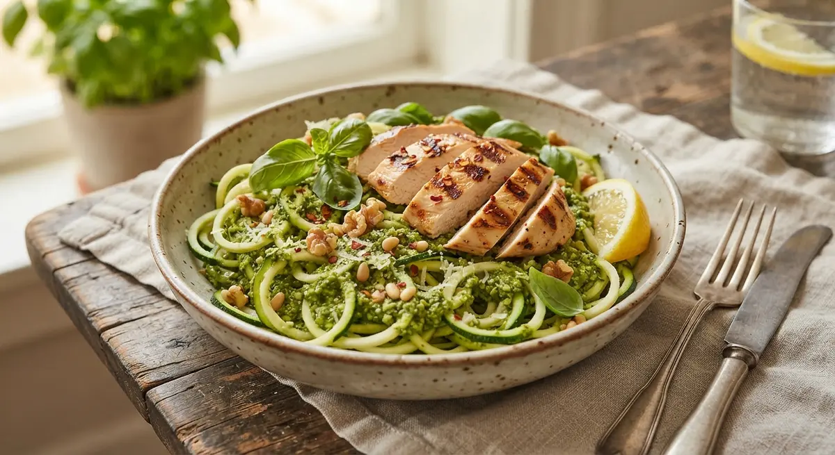 Walnut and Basil Pesto Zucchini Noodles with Grilled Chicken