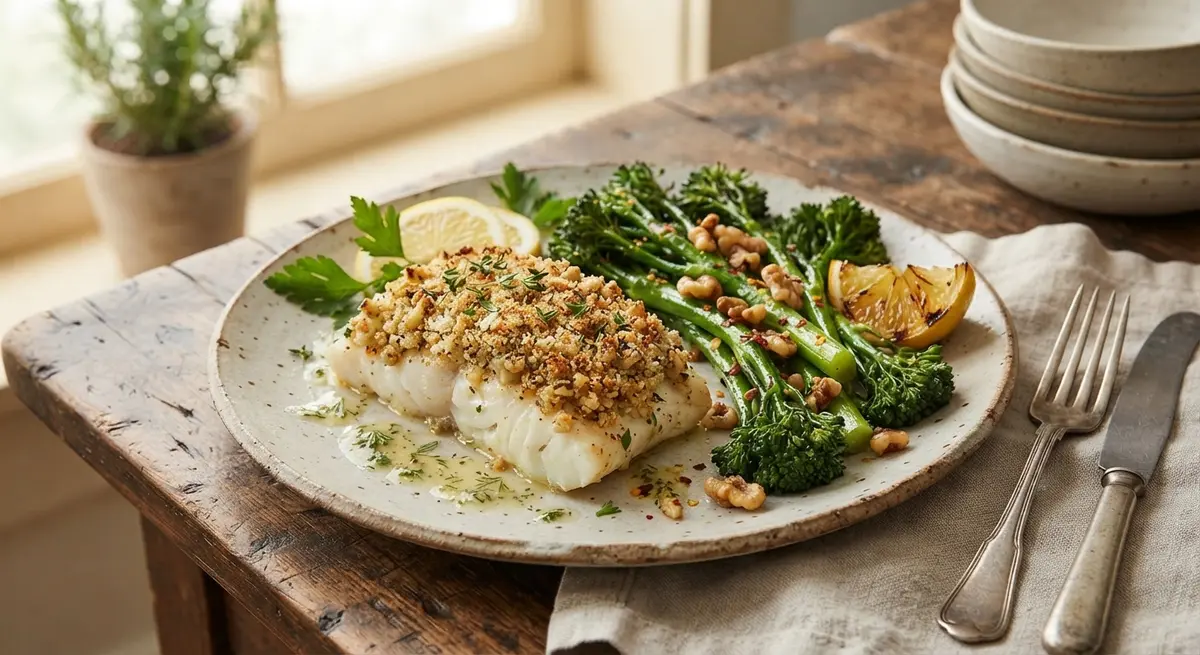 Walnut-Crusted Baked Cod with Steamed Broccolini