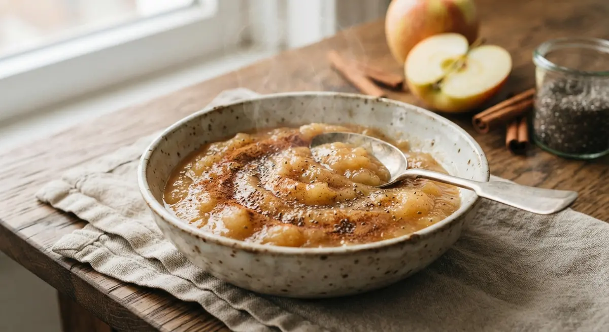 Warm Apple Sauce with Cinnamon & Milled Chia Seeds (Gentle soluble fiber)