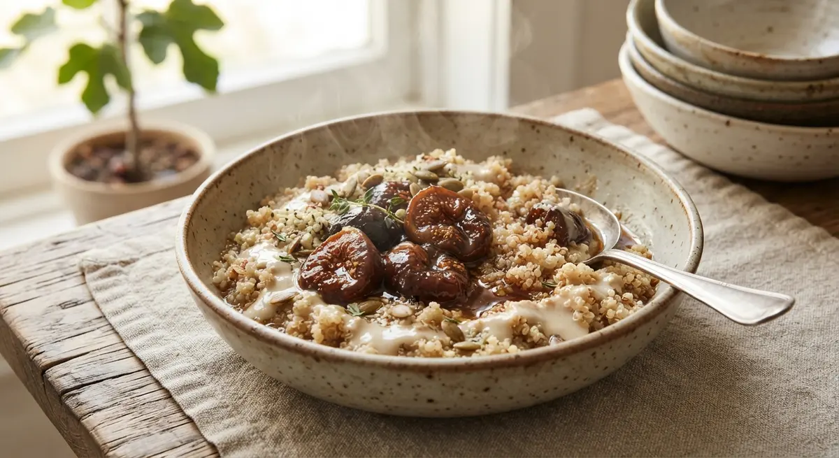Warm Quinoa Breakfast Bowl with Stewed Figs and Tahini