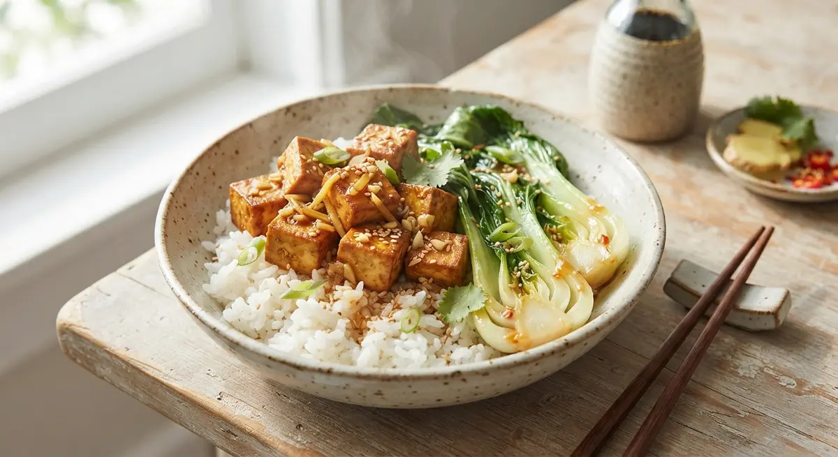 White Rice Bowl, Firm Tofu Marinated in Ginger, Soy Sauce (Wheat-Free) & Bok Choy (IBS-friendly)