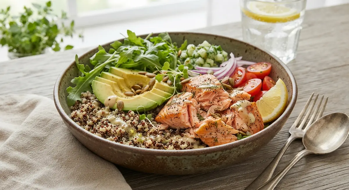 Wild Salmon, Avocado, Arugula & Quinoa Bowl (Anti-inflammatory omega-3s and good fats)