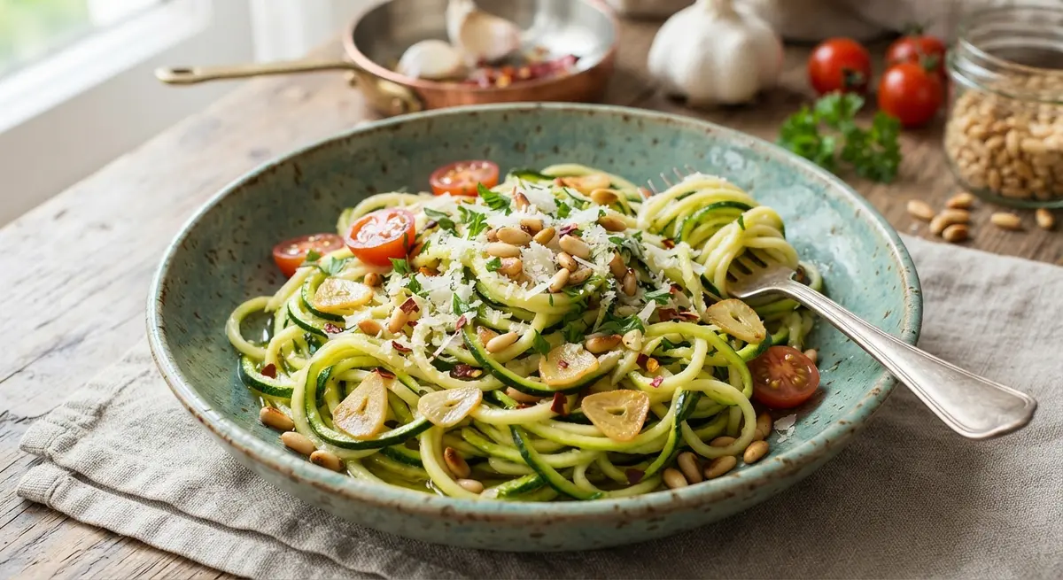 Zucchini Spaghetti with Garlic, Chili Flakes, and Pine Nuts